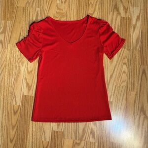 Red Ribbed V-Neck Puff Sleeve Top | Size Medium | Soft Stretch Polyester Blouse